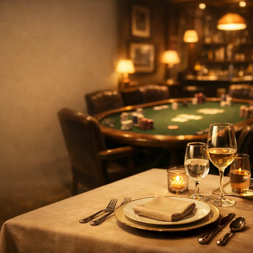 A cozy card lounge table with small plates of appetizers, two glasses of wine, and a deck of cards