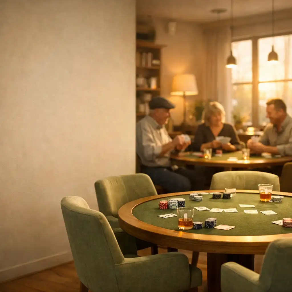 Warm card lounge interior with a round poker table, soft golden-hour light, and comfortable sage chairs
