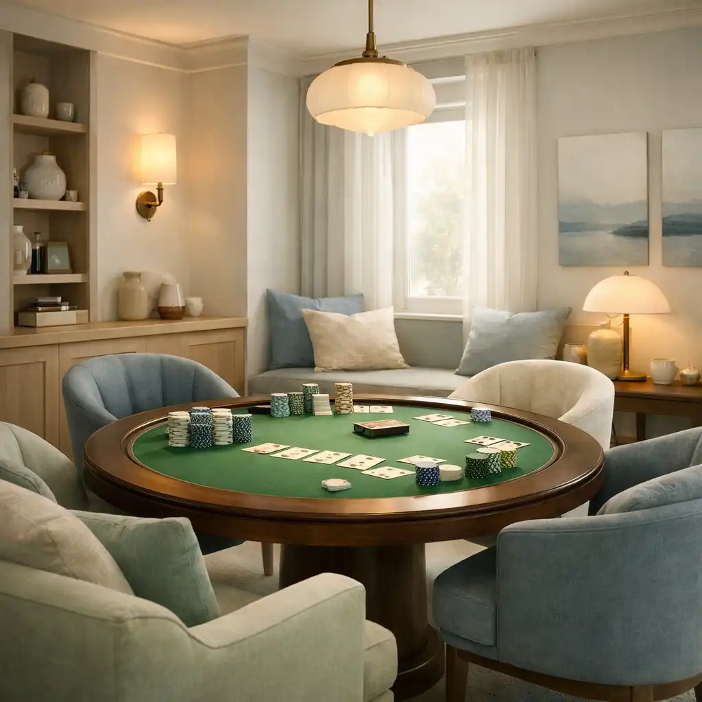 Cozy card lounge with plush seating and a round poker table