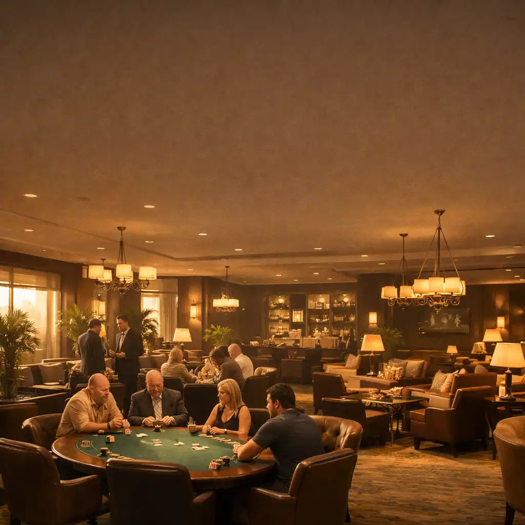 Wide view of the card lounge with multiple poker tables, comfortable seating, plants, and soft golden-hour light