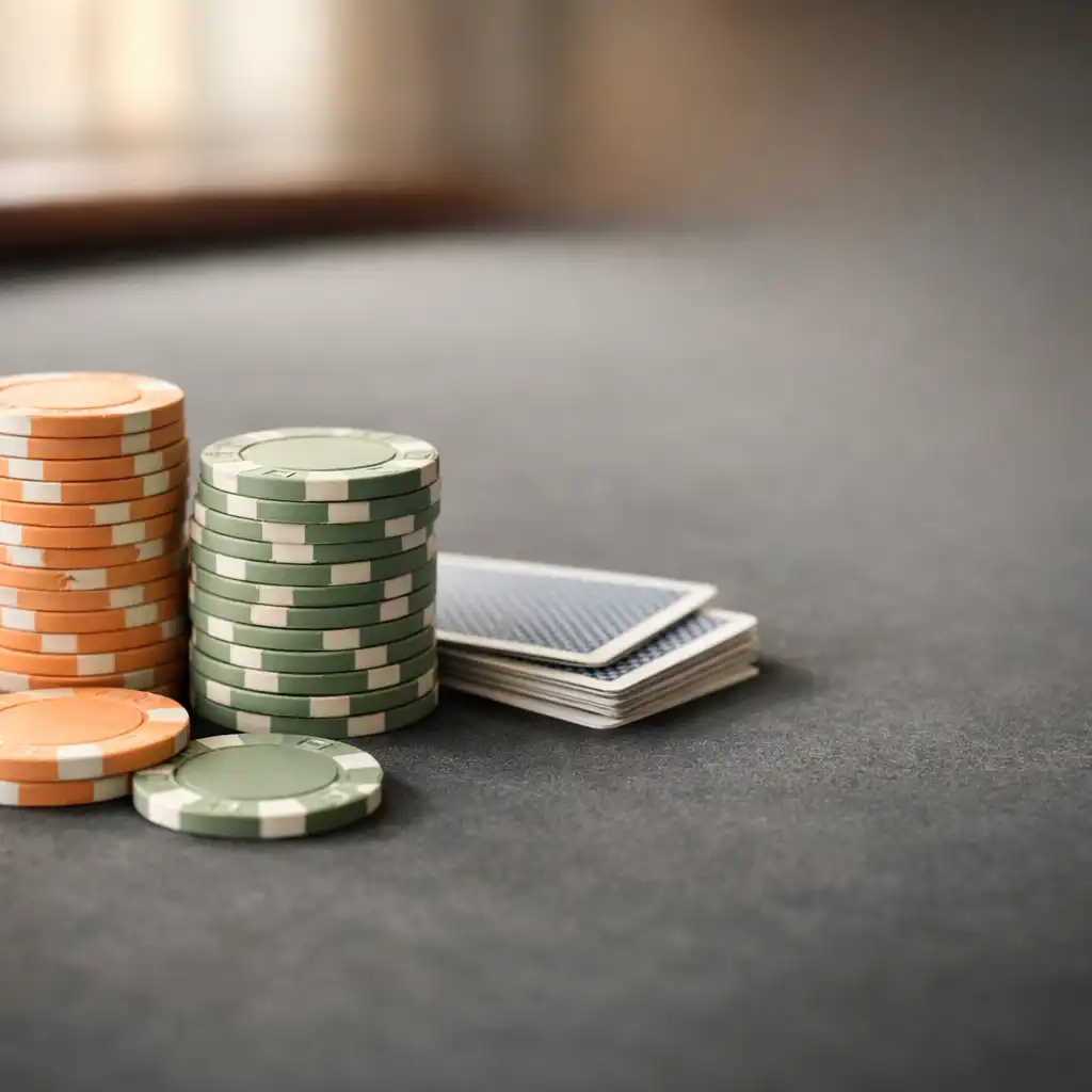 Close-up of a poker table with graphite felt, neatly stacked chips in soft peach and sage, and a few playing cards