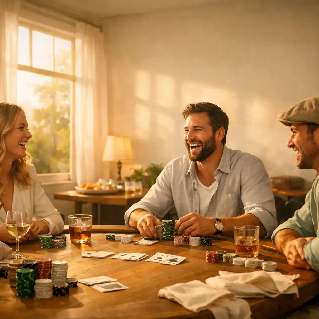 Friends gathered around a timber poker table in warm golden-hour light