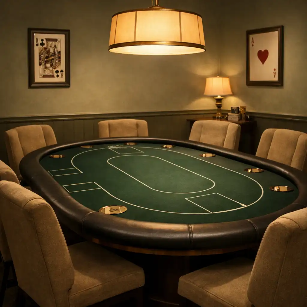 An empty poker table with green felt in a warmly lit card room