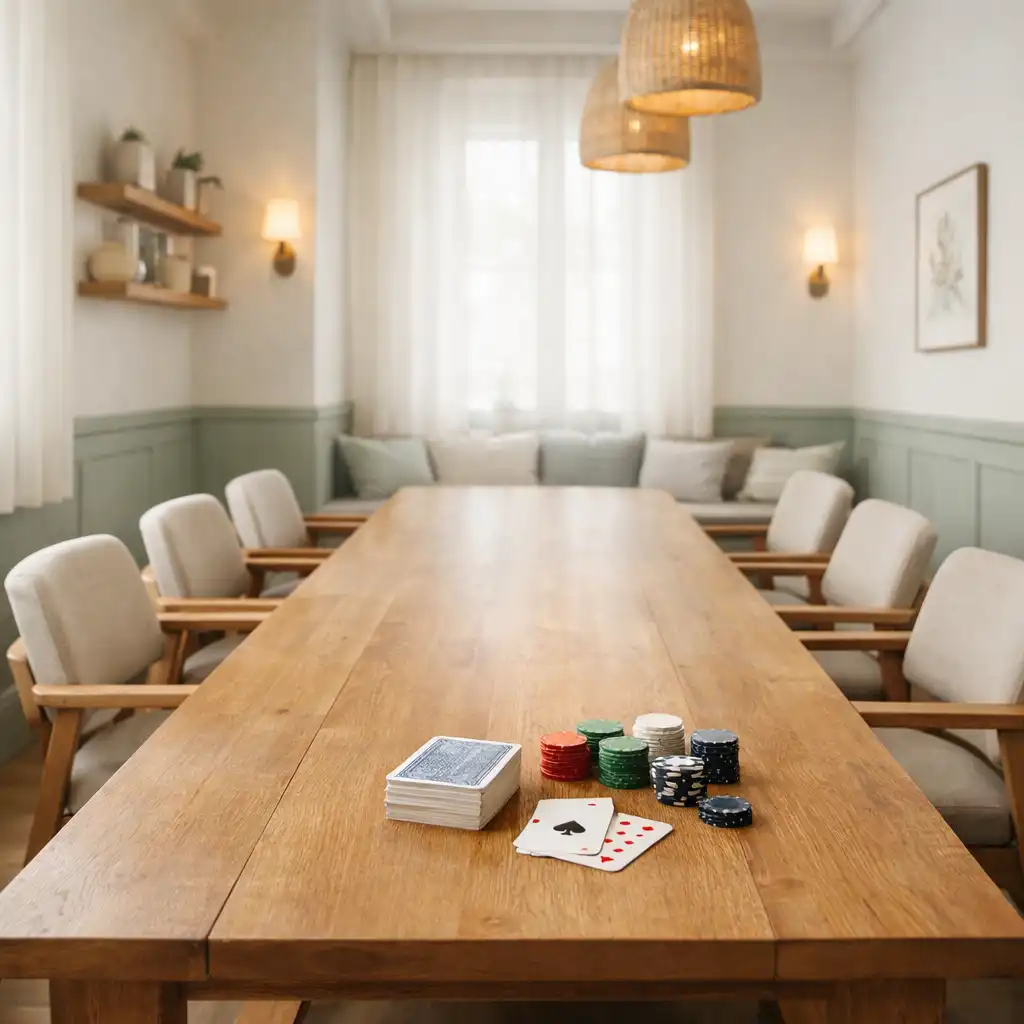 Empty card room with a long wooden table, comfortable chairs, and soft daylight
