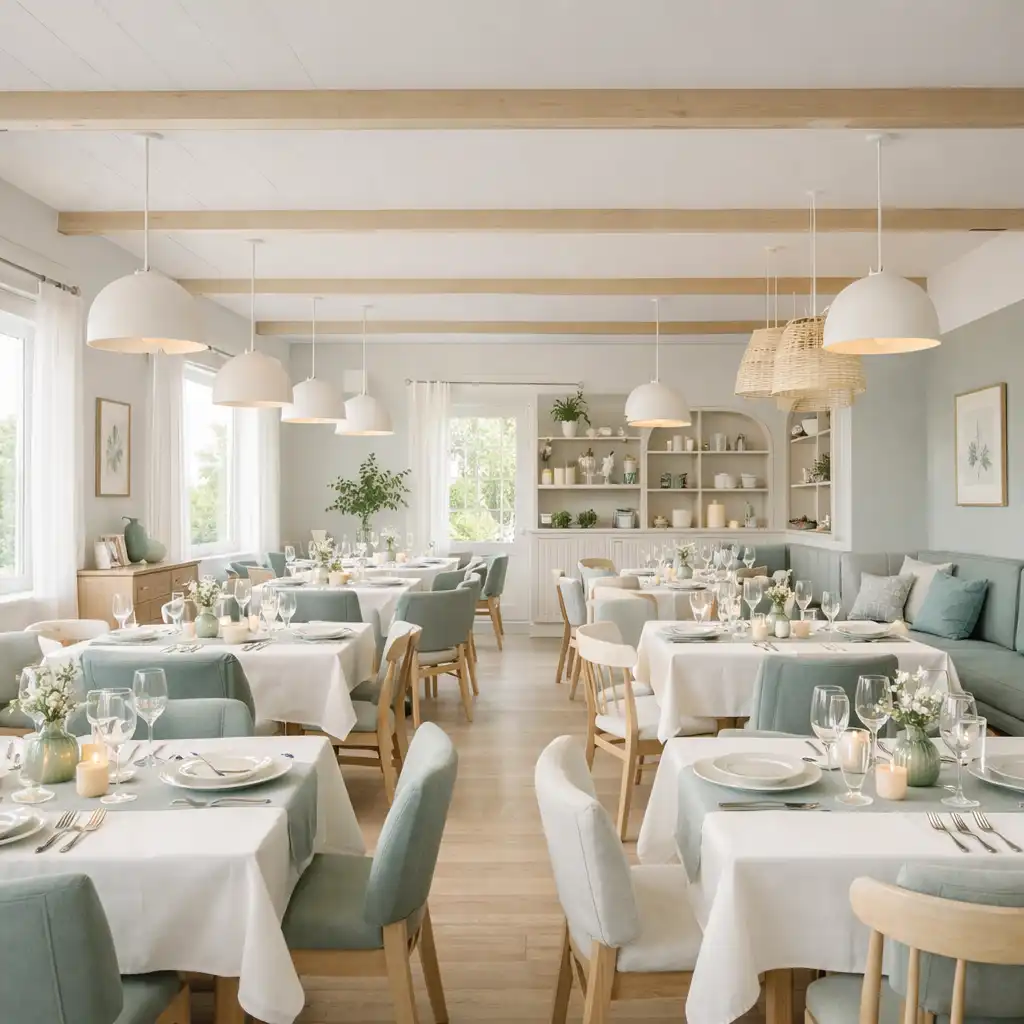 Main dining room with tables set for dinner and soft natural light