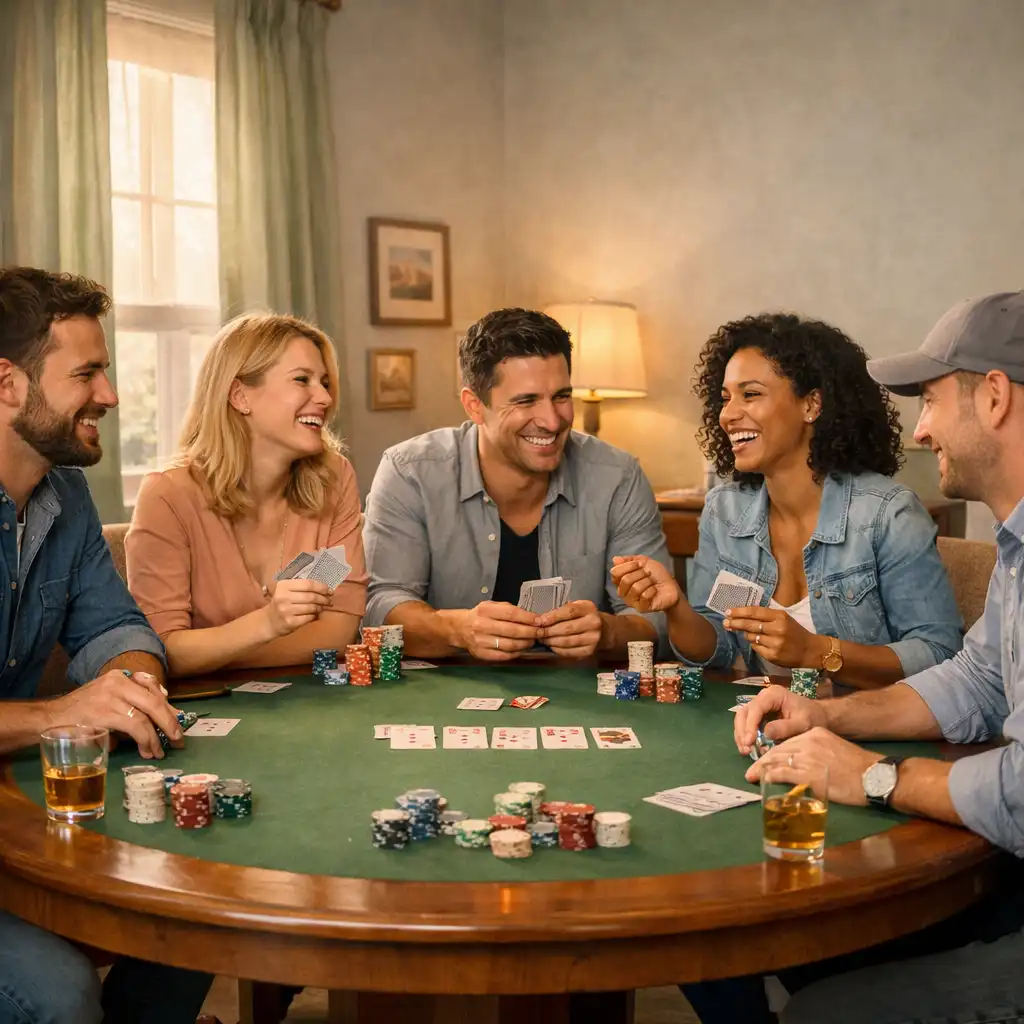 A small group laughing around a poker table with chips as table props