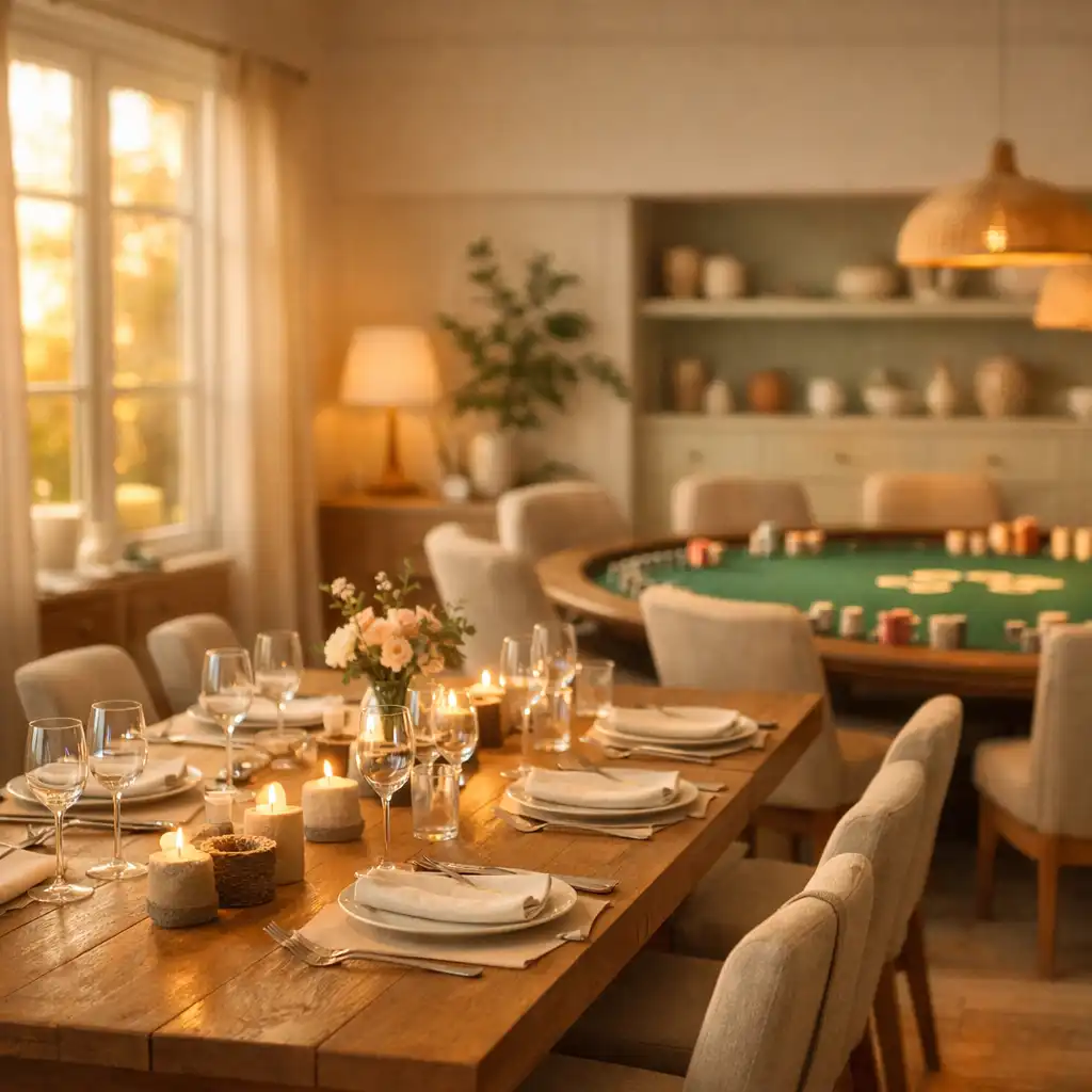 Warmly lit restaurant interior with a shared dining table and a poker table in the background