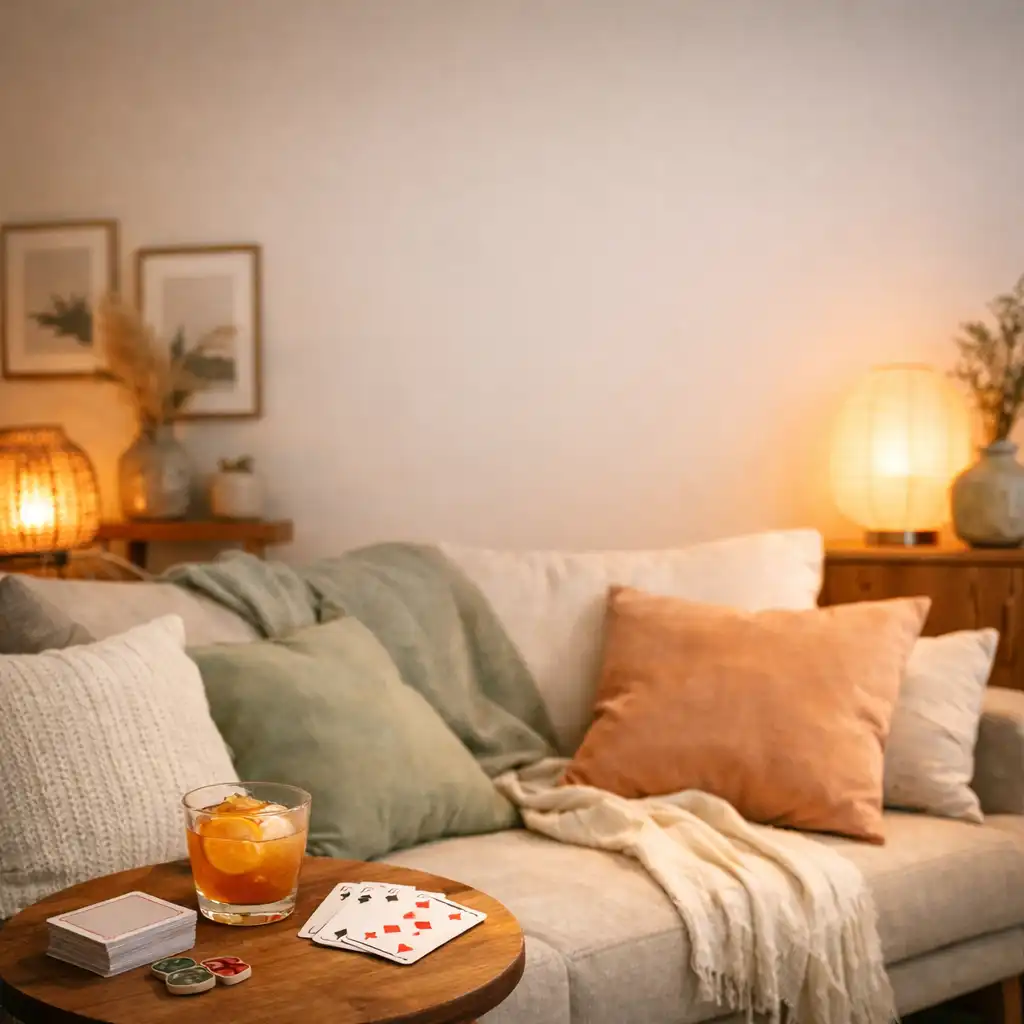Cozy lounge seating with warm lighting and a deck of cards on a side table