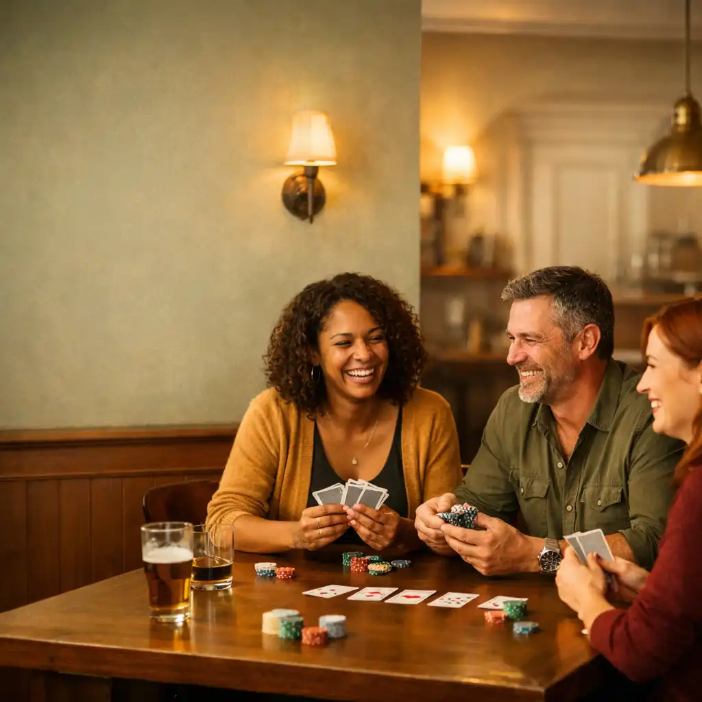 Friends smiling around a wooden card table in the softly lit Midnight Card House card room