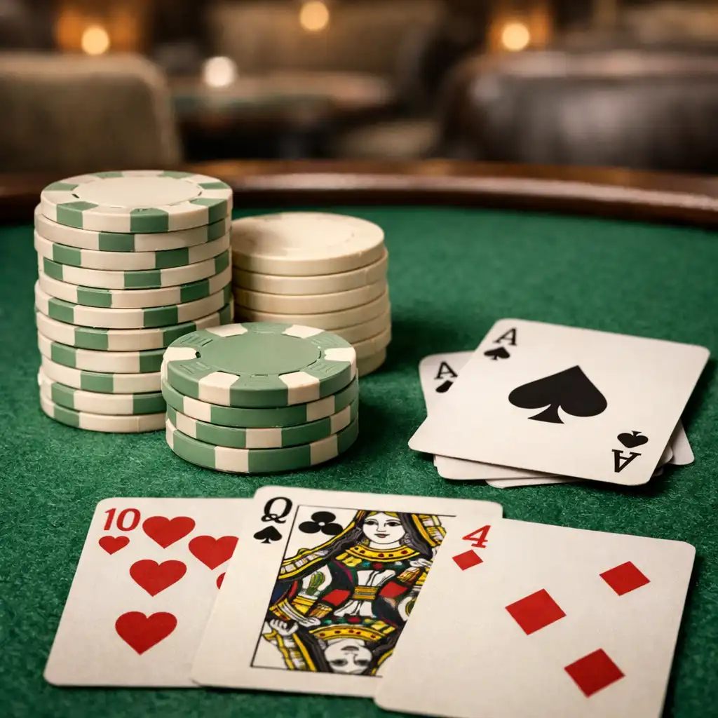 Close-up of a poker table with green felt, chips, and playing cards