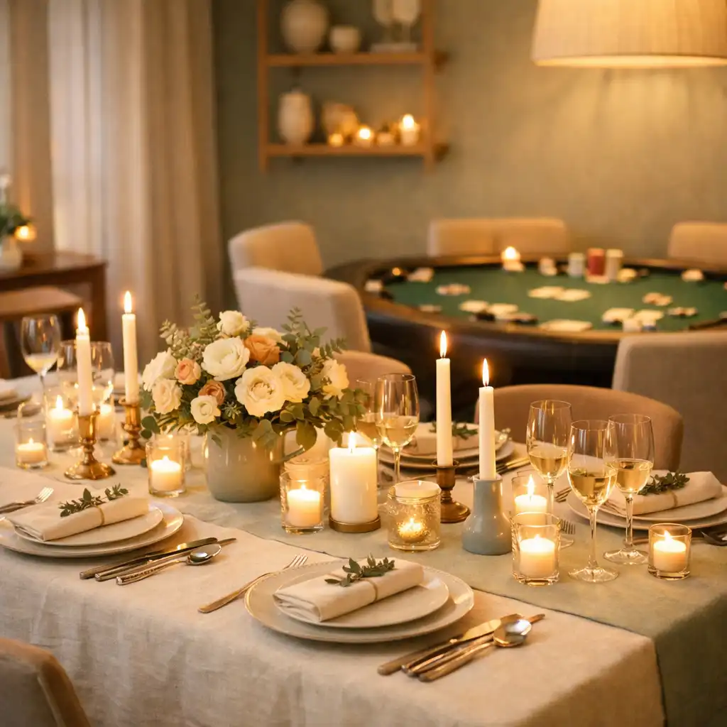 Private dining room set for a group evening with a poker table in the background