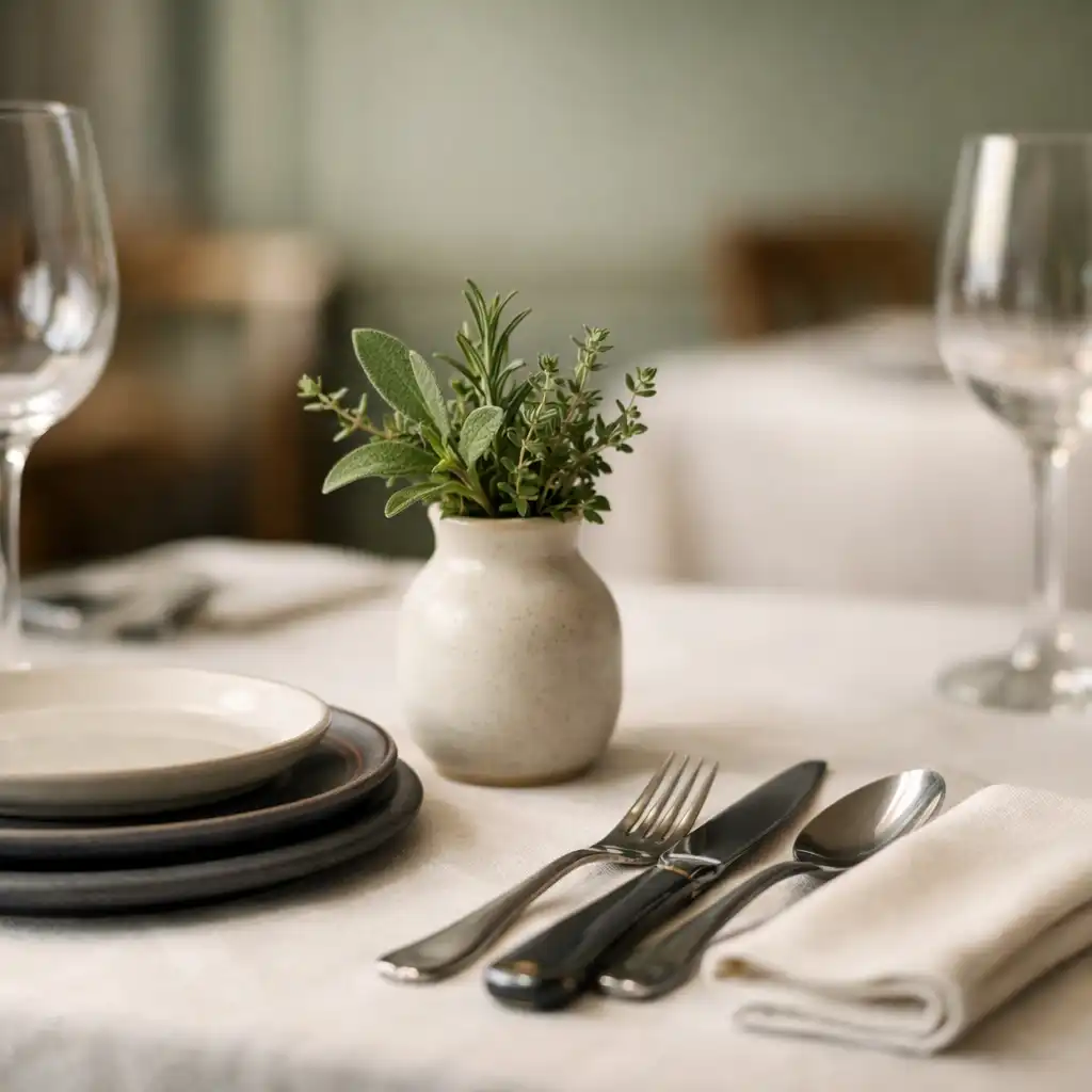 A beautifully set private dining table with soft lighting and fresh herbs