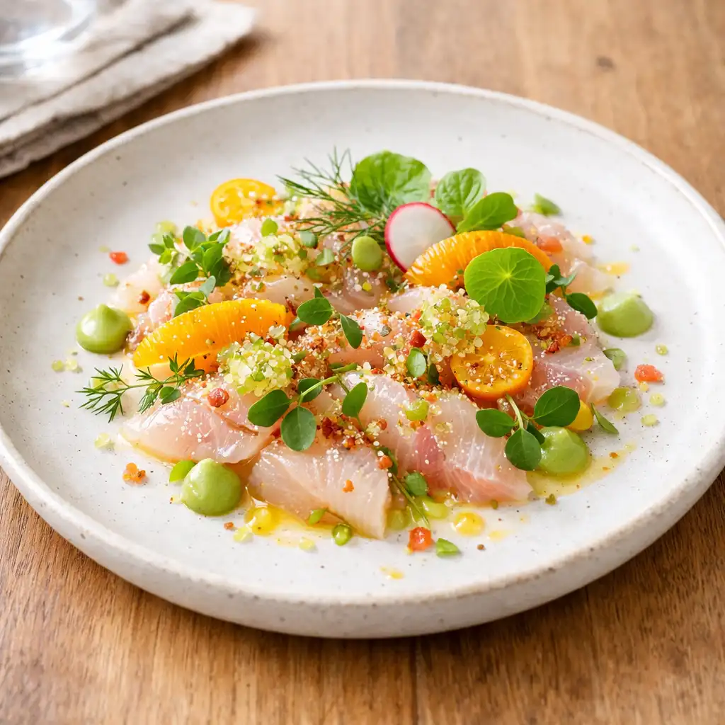 Beautifully plated seasonal dish with citrus and fresh herbs