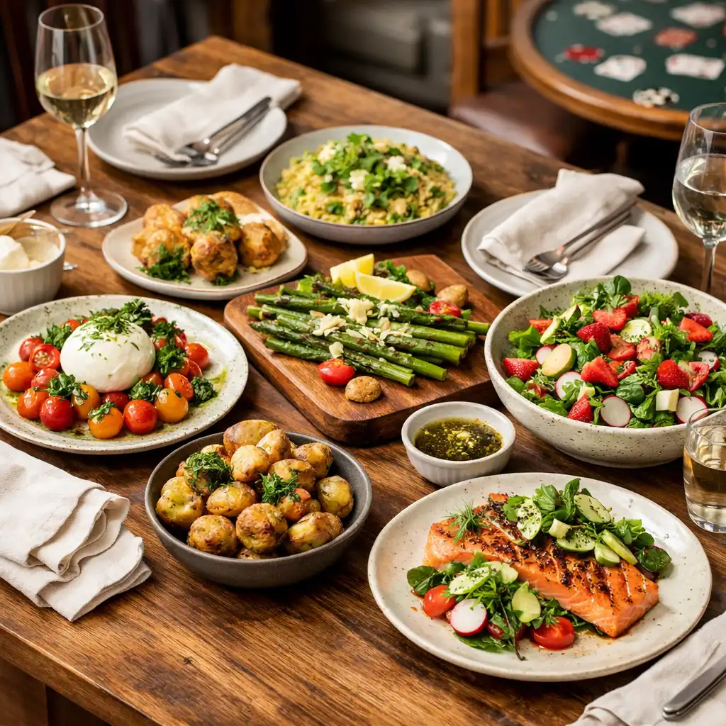 Shared seasonal dishes on a linen-dressed timber table