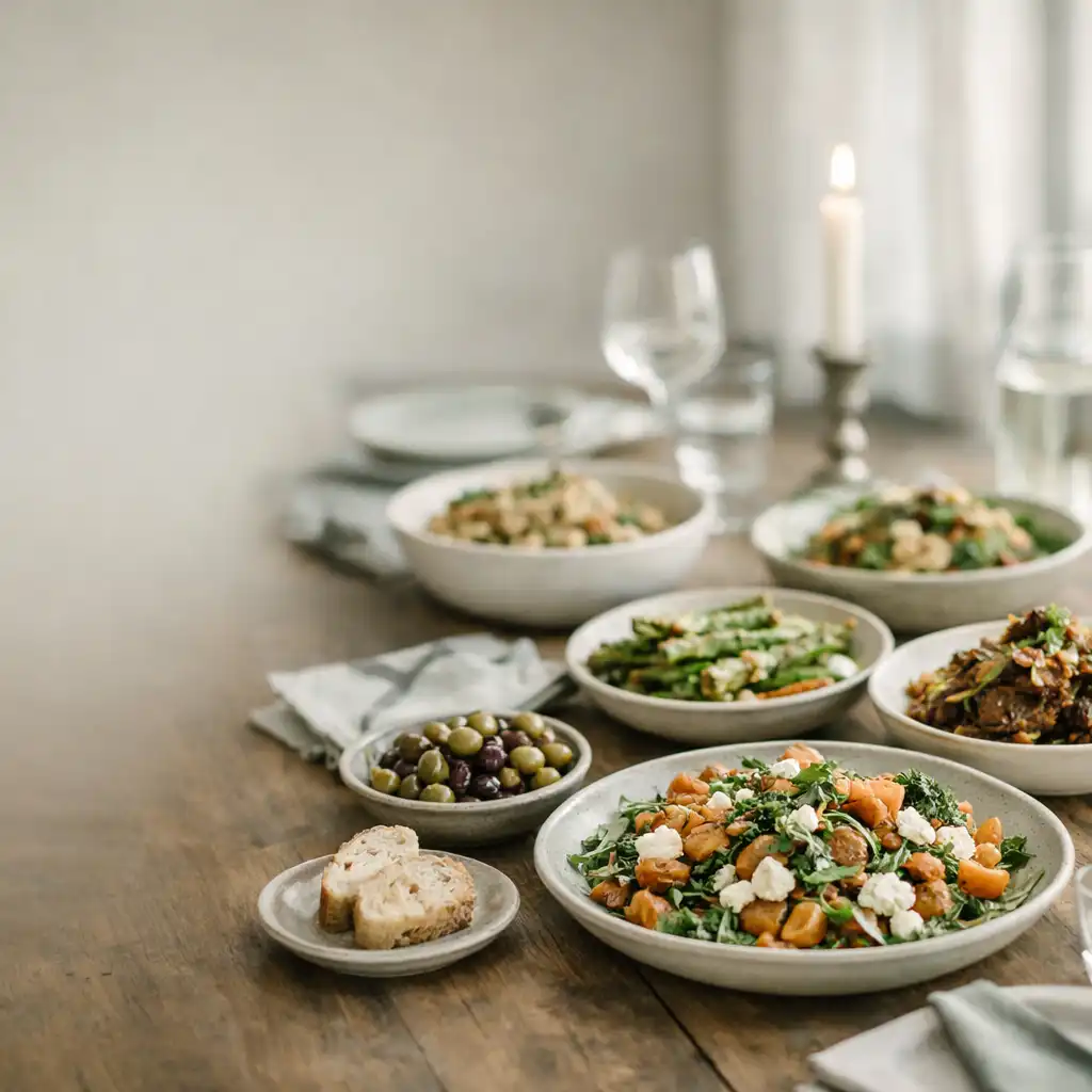 A beautifully set shared dining table with seasonal dishes in ceramic bowls and platters