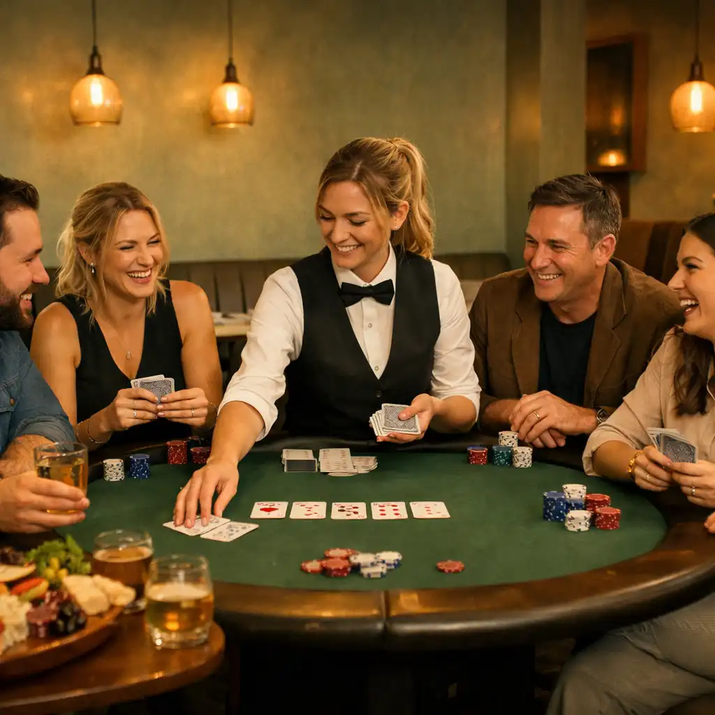 Friends enjoying a Texas Hold'em game with food and drinks at Midnight Card House