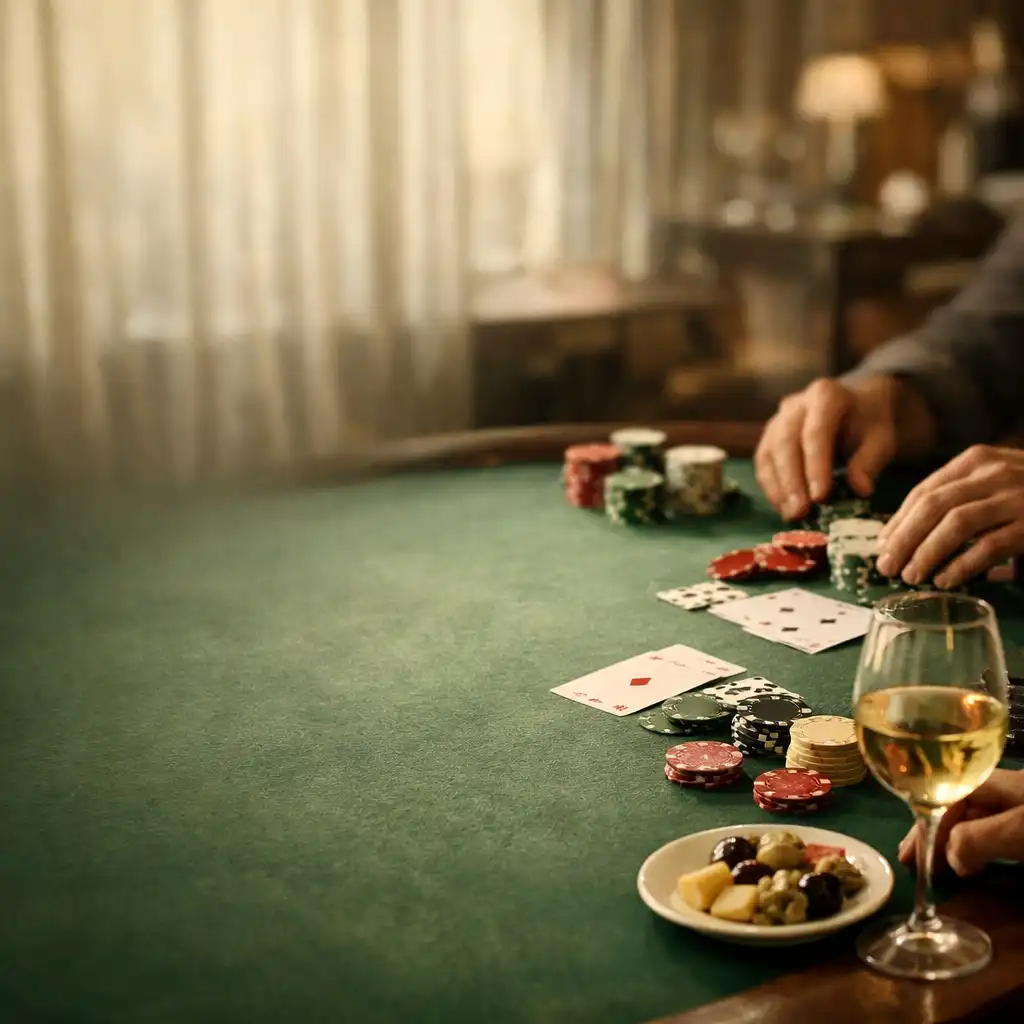 Warmly lit poker table with chips and appetizers at Midnight Card House